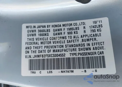 2012 Honda Civic Lx из США, поврежденный, VIN JHMFB2F5XCS004552